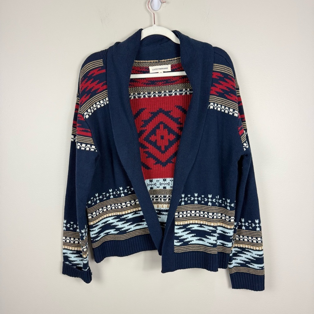 Lucky Brand Sweater Womens Medium Southwestern Aztec Red Blue Cardigan Boho